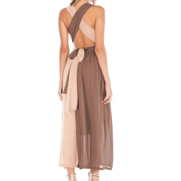 NWT Blush/Tan Wrap Open Back Chiffon Maxi Dress. - Picture 4 of 4